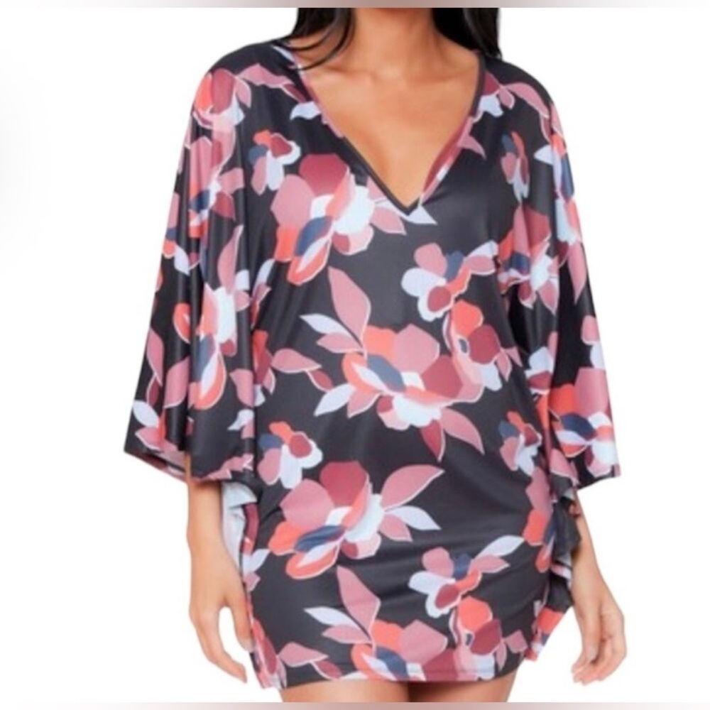 BAR III Black Secret Garden Floral Caftan Swimsuit Cover-Up Size Small